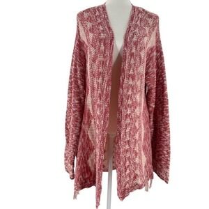 Cozy Open Front Cardigan Sweater Knit‎ Marled Red Cream Tassels XL